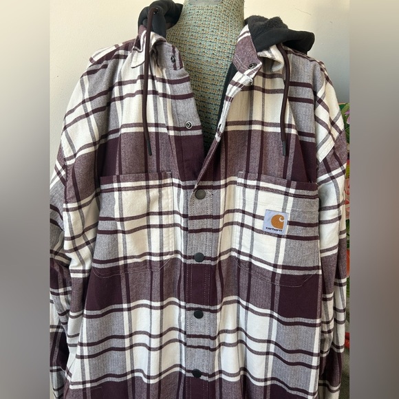 NWT CARHARTT MENS FLANNEL FLEECE LINED HOODED SHIRT JACKET. 3XL TALL. - Picture 4 of 9